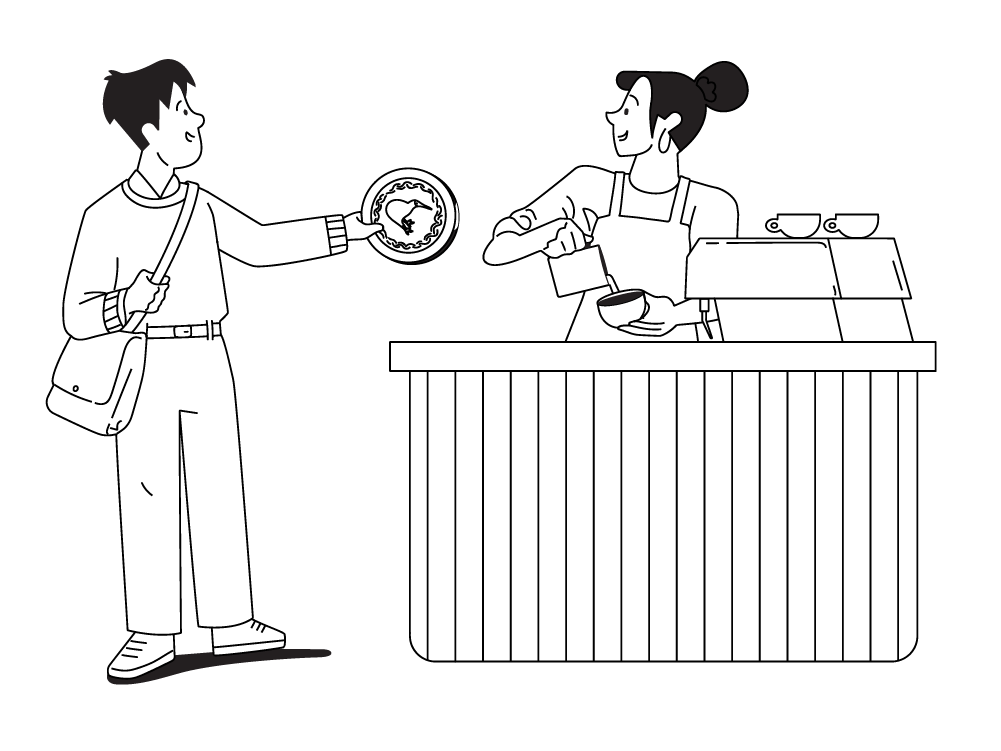 Man passing a coin to a woman working in a coffee shop
