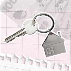 A key on a key chain with a silver house