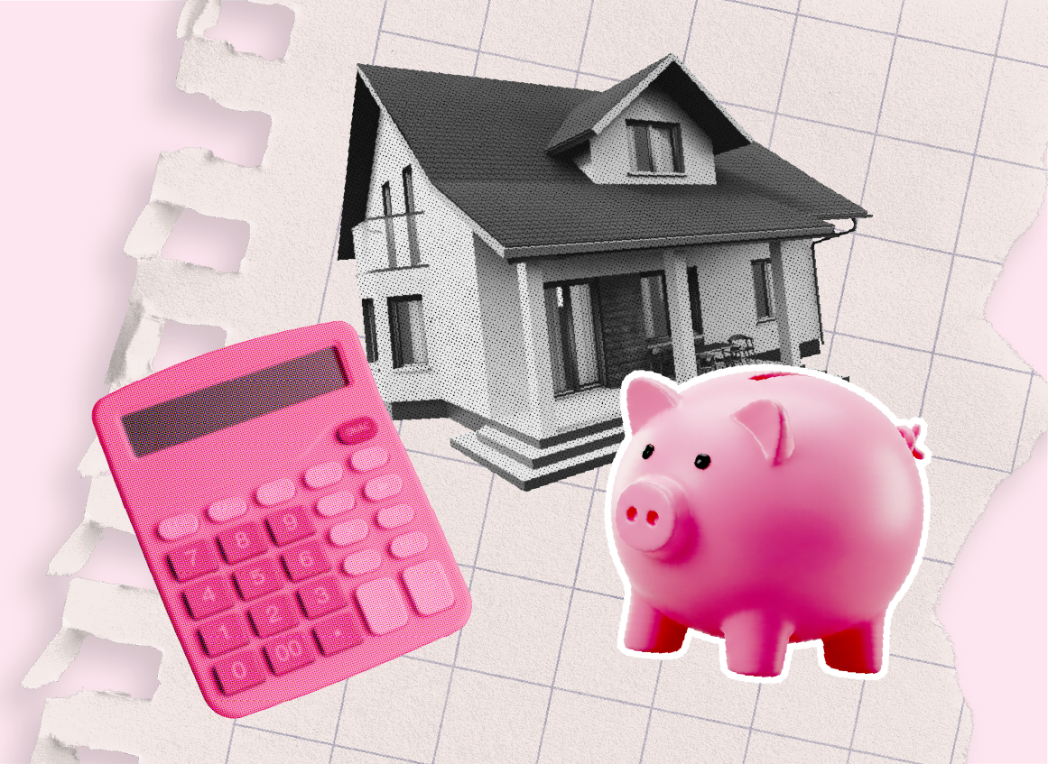 A calculator, house and piggy bank