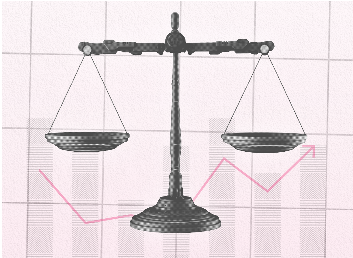 A balance scale with an arrow pointing up
