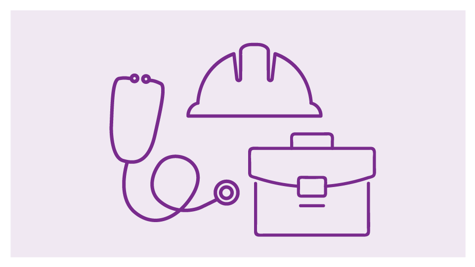 Illustration of a hard hat, stethoscope and toolbox