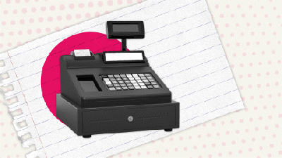 Cash register with dollar signs appearing