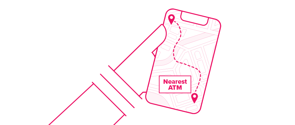 A hand holding a smartphone displaying a map showing the nearest ATM