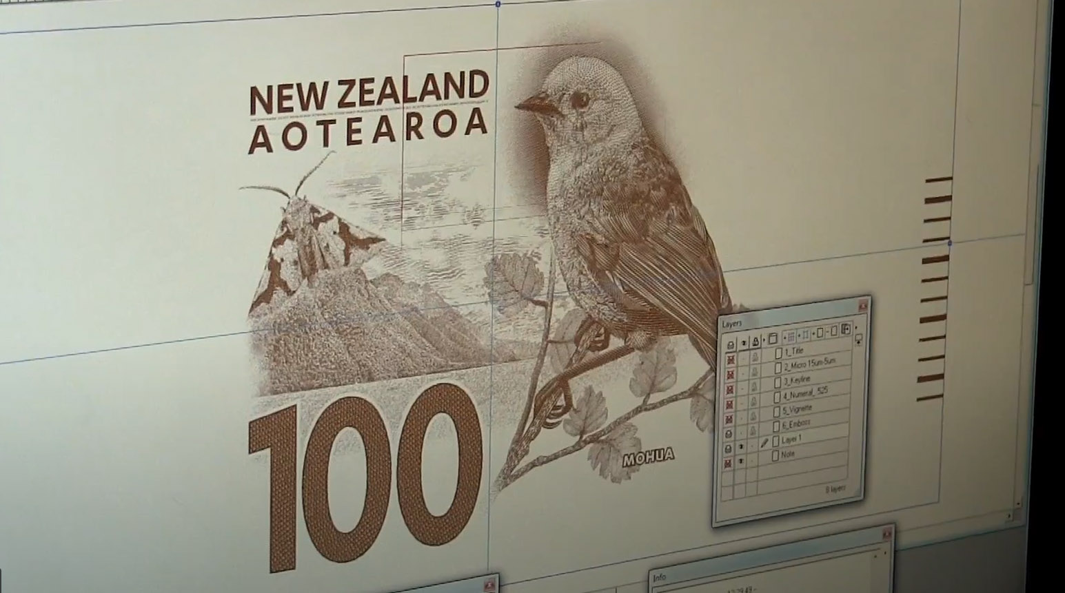 Sketch of back of $100 New Zealand banknote