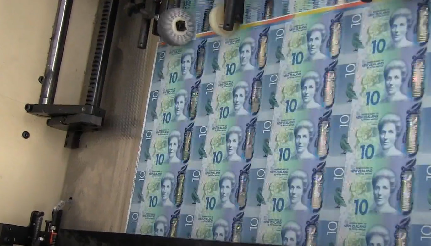 New Zealand $10 banknote being printed on plastic sheets