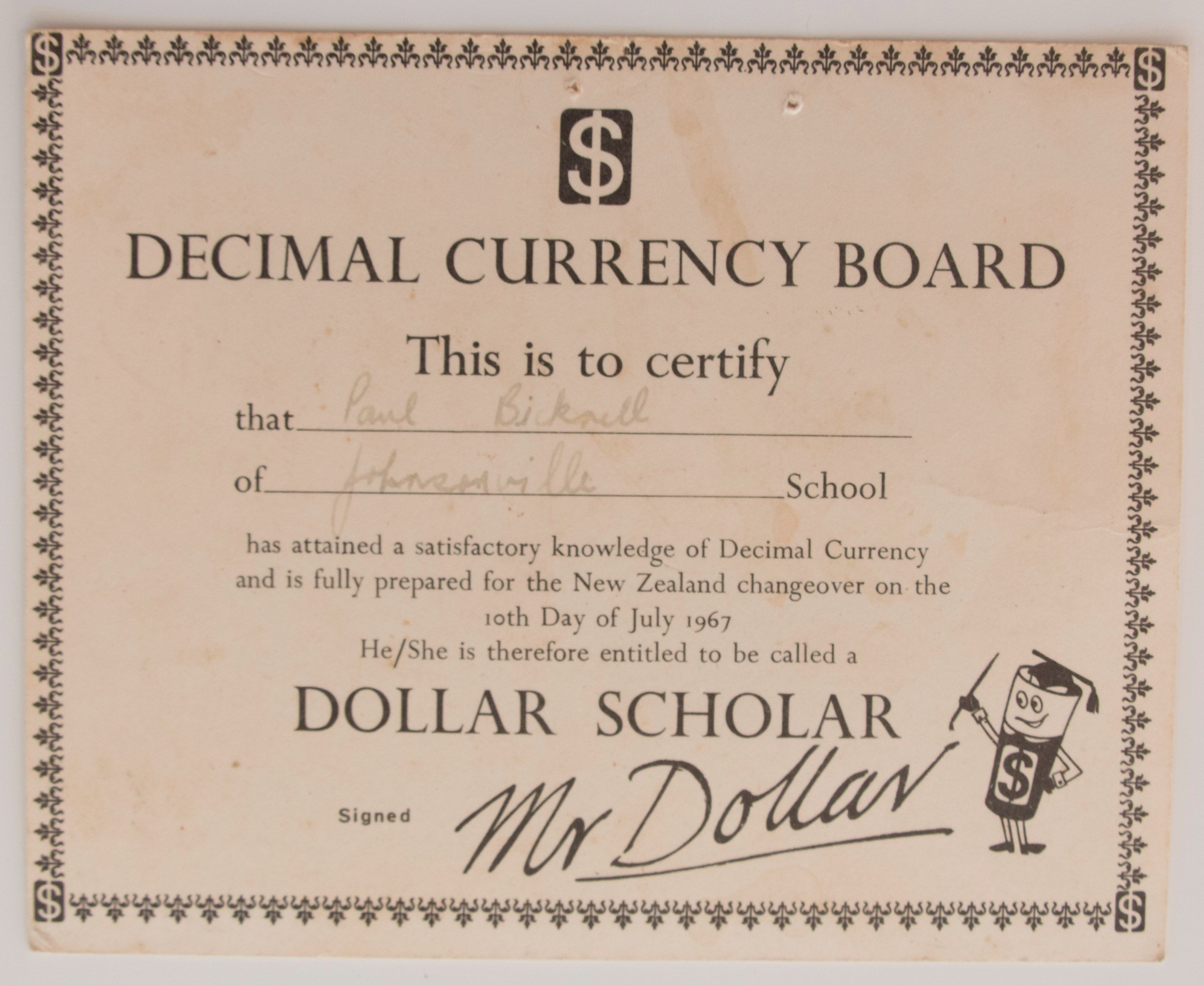 Dollar scholar certificate