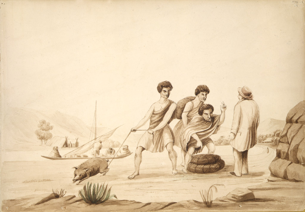 John Williams, Maori bargaining with a Pakeha, c1845, sepia ink & wash.