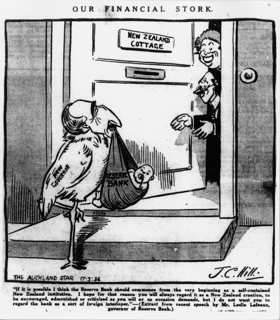 Cartoonist J. C. Hill on the arrival of the Reserve Bank