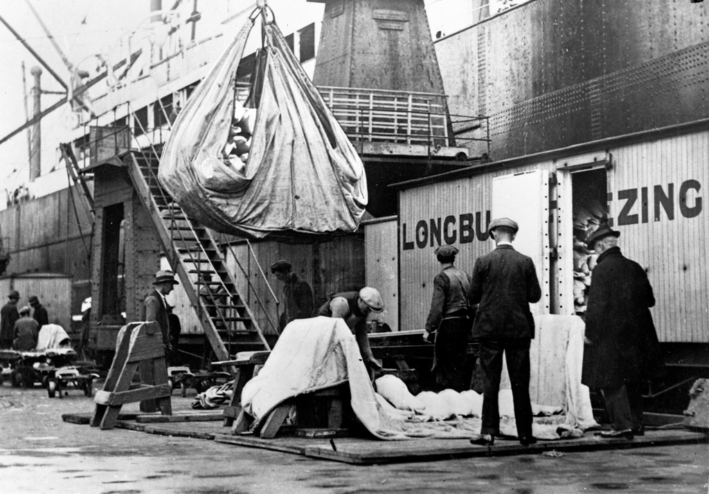 Meat from Longburn freezing works being taken from railway trucks in slings at Wellington Wharf